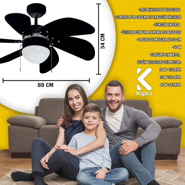 Ventilador De Techo E26 Negro Kipro 6 Aspas Alta Calidad