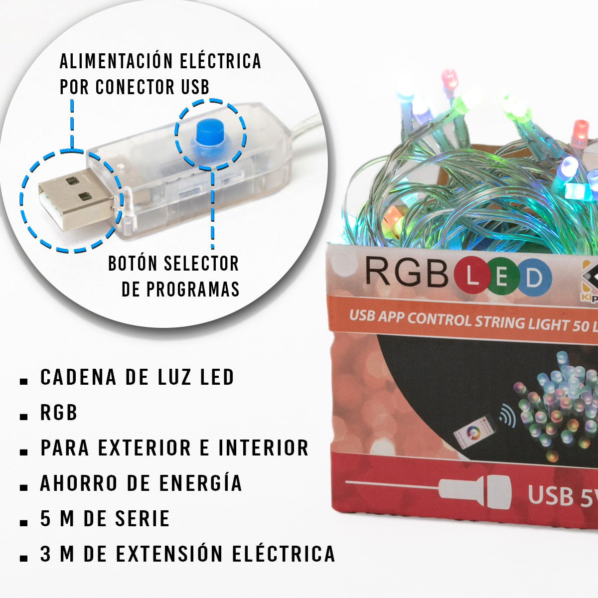 Serie De Luces Led Rgb 50 Focos Usb 5 Metros