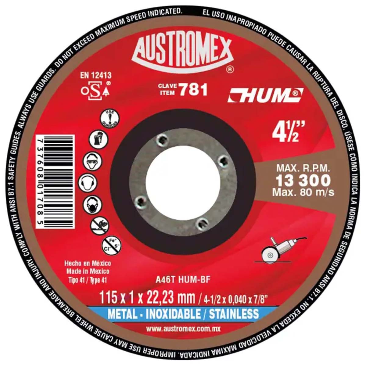Disco De Corte Hum Para Acero Inoxidable De 4.5"